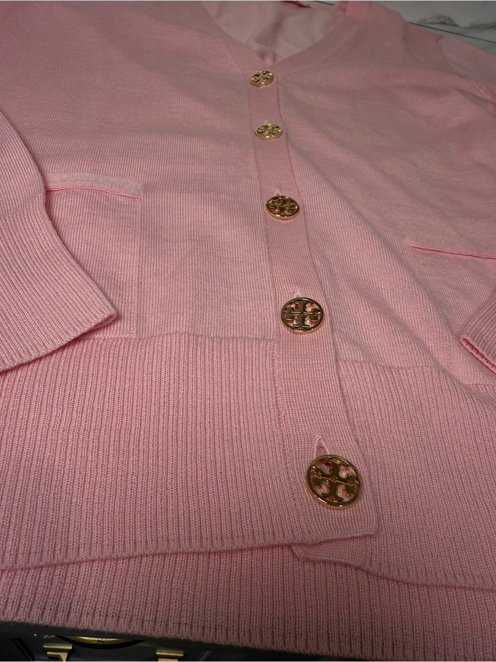 Tory Burch baby pink gold button cardigan - Picture 2 of 9